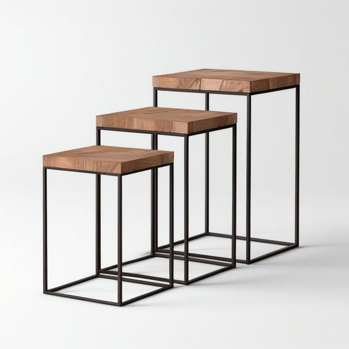 3-teiliges Beistelltisch-Set aus Akazien-Massivholz und Stahl, Braun/Schwarz, 35 x 35 x 45 cm, 40 x 40 x 55 cm, 45 x 45 x 65 cm