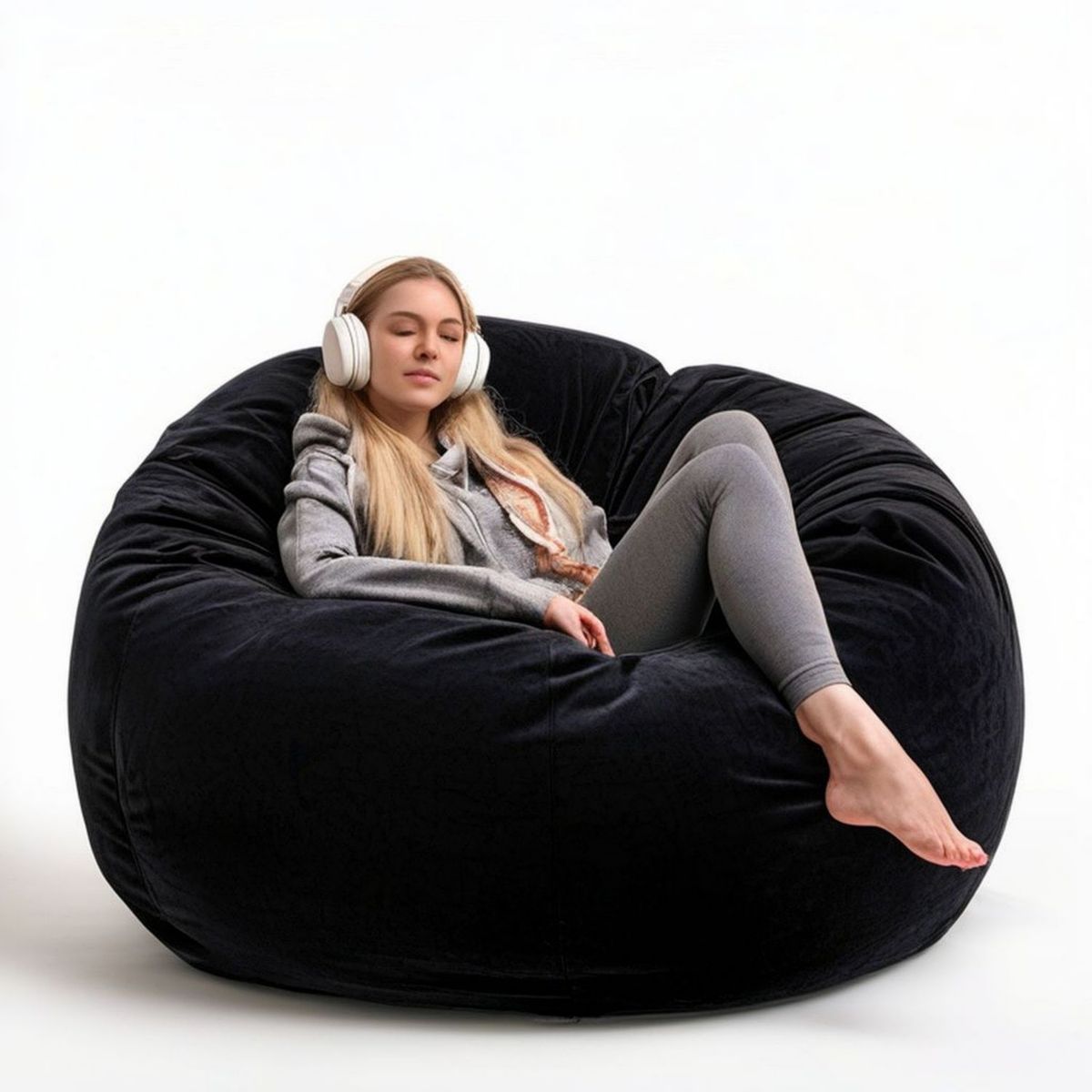 XXL Sitzsack rund, Schwarz, 140 x 90 cm, Polyester-Velours mit EPS-Füllung
