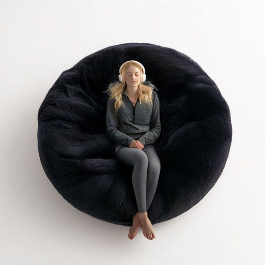 Runder Sitzsack aus Polyester-Kunstfell, Schwarz, 150 x 150 x 75 cm