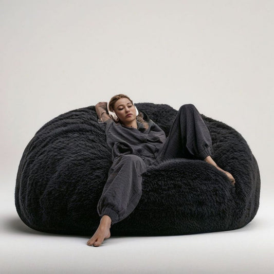 XXL Sitzsack rund, Schwarz, 120 x 120 x 75 cm, Kunstfell mit EPS-Perlenfüllung