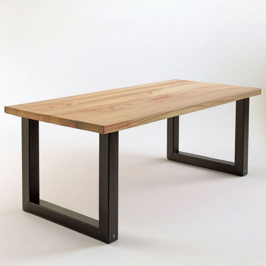 Rechteckiger Couchtisch 120 x 60 x 45 cm aus massivem Kiefernholz mit Stahlkufen, Natur/Schwarz