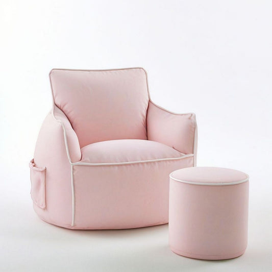 Rosa Kindersessel mit rundem Hocker, 65 x 60 x 55 cm