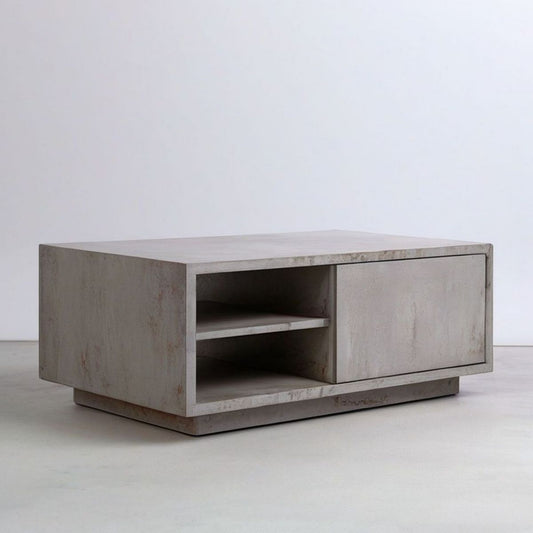 Couchtisch Betonoptik Grau mit Schiebetür und offenen Fächern, 100 x 60 x 40 cm