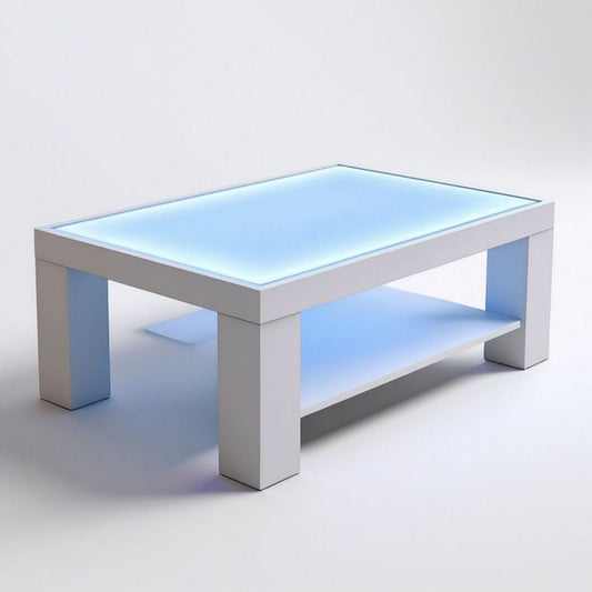 Rechteckiger LED-Couchtisch 110 x 60 x 45 cm Weiss/Blau mit Glasplatte und MDF