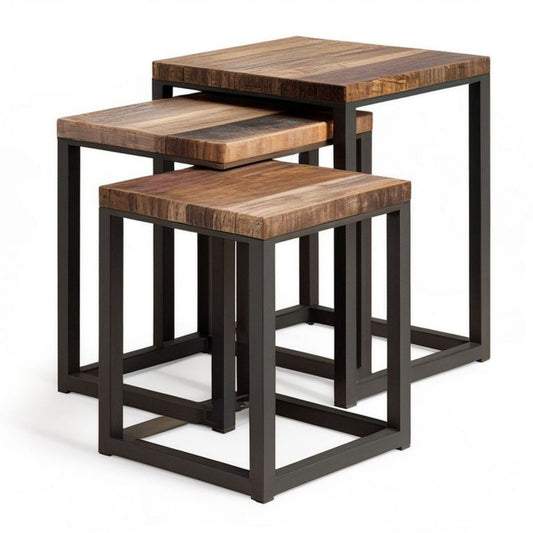 3er-Set Satztische quadratisch aus massivem Mangoholz und Stahl, Braun/Schwarz, 45 x 45 x 45 cm, 40 x 40 x 40 cm, 35 x 35 x 35 cm