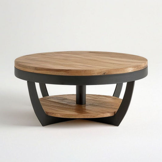 Runder Couchtisch Ø 80 cm, Höhe 45 cm aus Akazienholz und Stahl in Natur/Schwarz mit Ablage